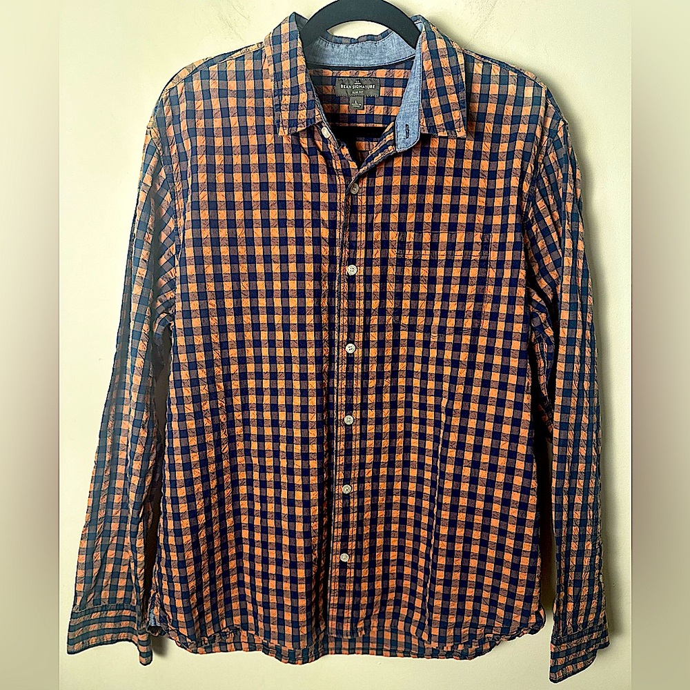 LL BEAN SIGNATURE Slim Fit Men’s Blue Orange Checkered Button Up Sz Large Shirt